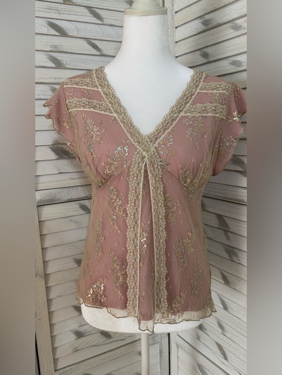 INC International Concepts Tops - INC International Concepts Dusty Rose Lace-Trim Floral Sheer Blouse